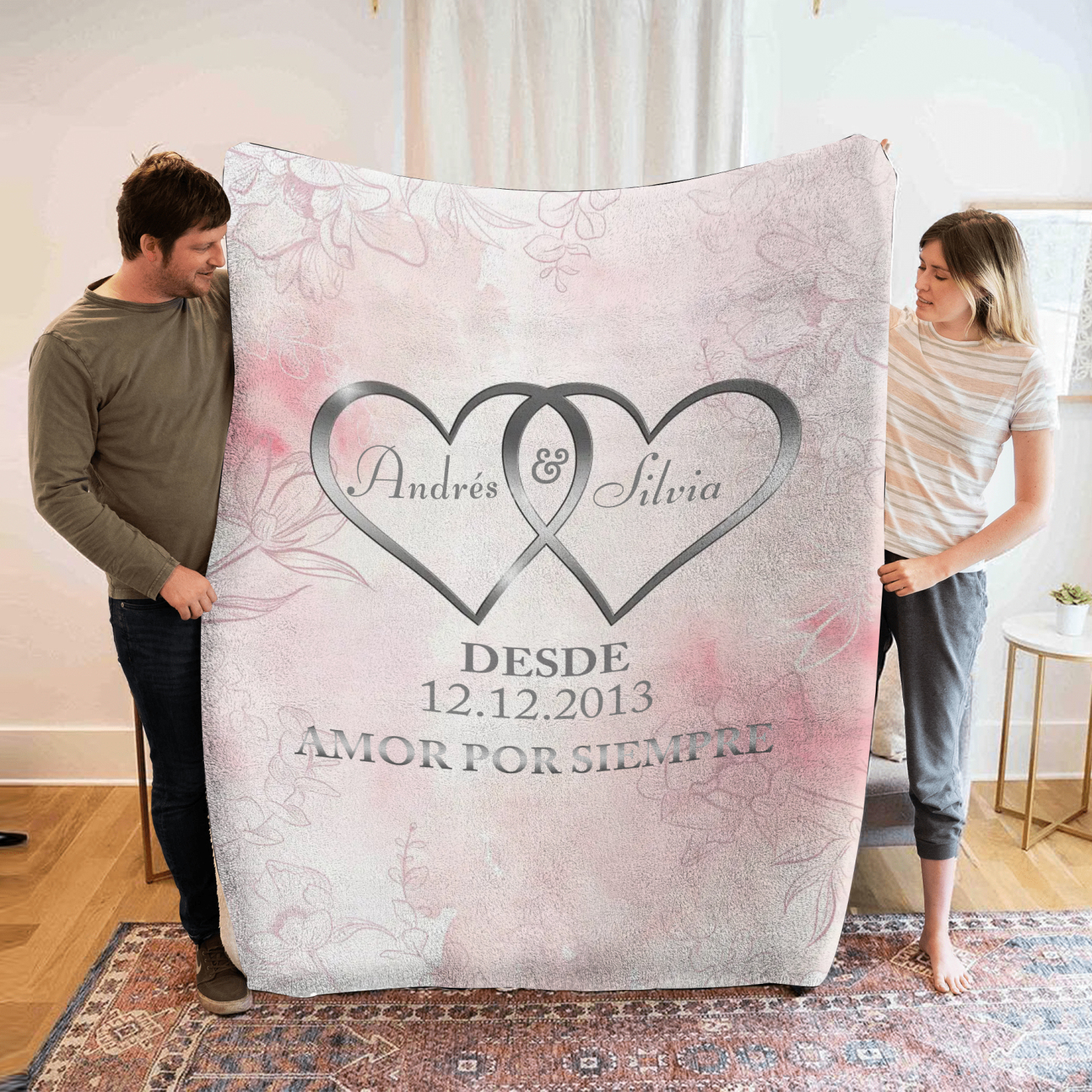 Pareja-Manta de buen calidad de corazones conectados personalizada con nombres, texto y fecha 4 colores-Jessemade ES