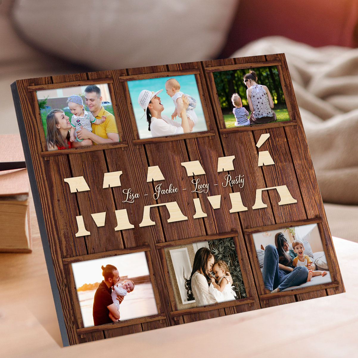 A mi mamá-Lámina marco de madera para mamá personalizado con 1 texto y 6 fotos-Jessemade ES