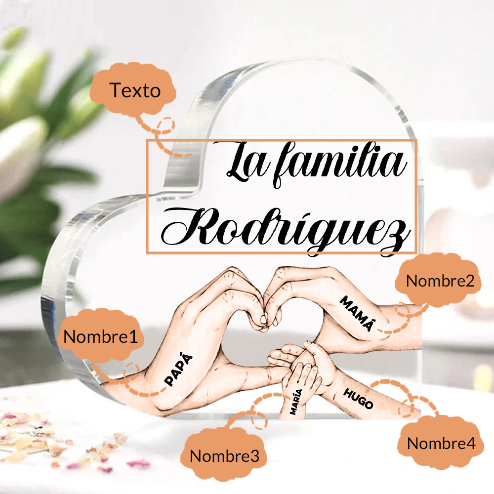 Placa de acrílico en forma de corazón mano a mano con 1 texto y 4 nombres personalizados-Jessemade ES