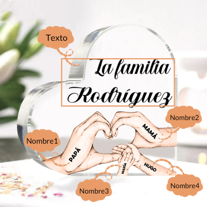 Placa de acrílico en forma de corazón mano a mano con 1 texto y 4 nombres personalizados-Jessemade ES
