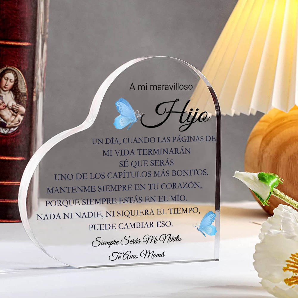 A mi hijo-Placa de acrílico en forma de corazón con 1 texto personalizado-Jessemade ES