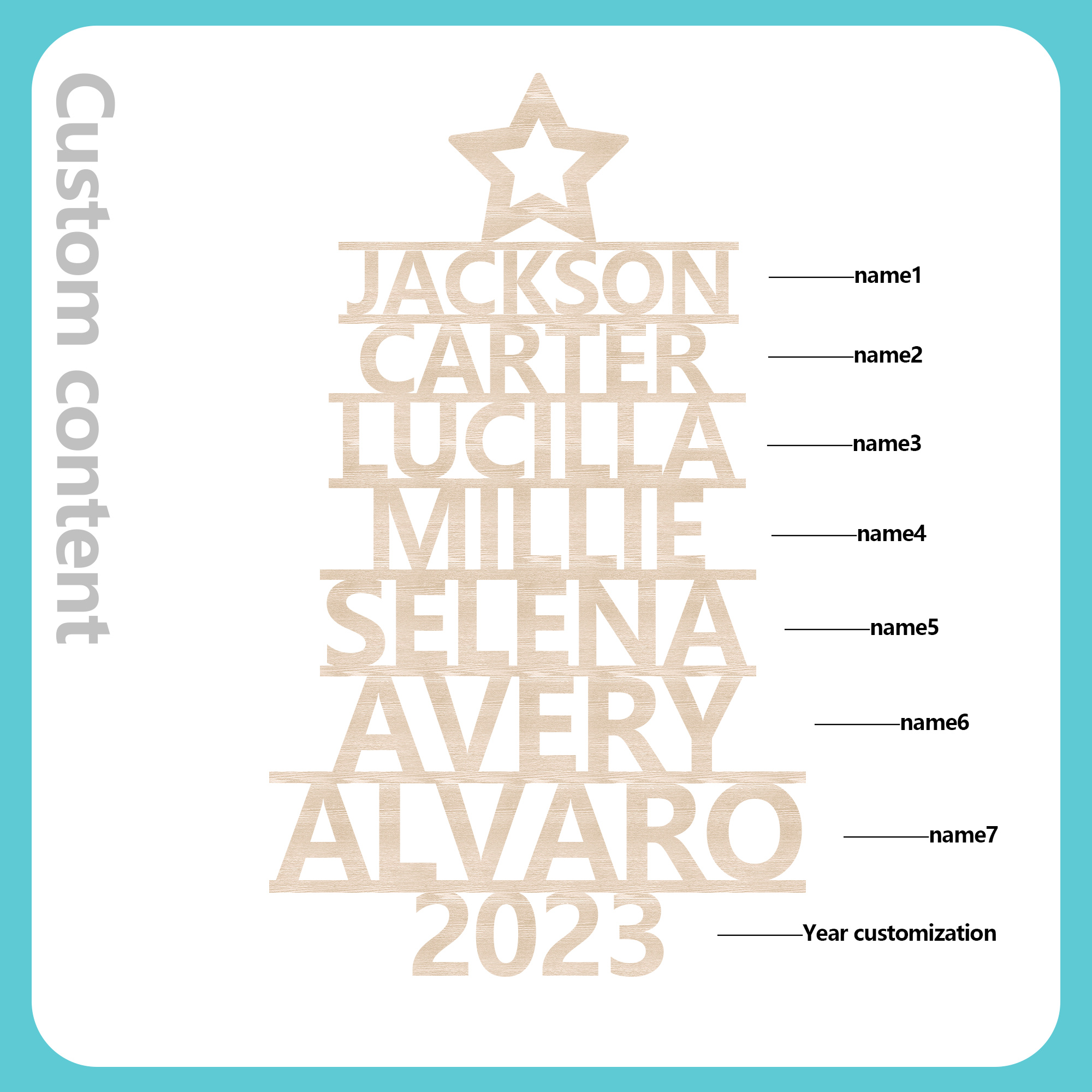 Navidad-Ornamento navideño de madera árbol de nombres con 7 nombres y año personalizados