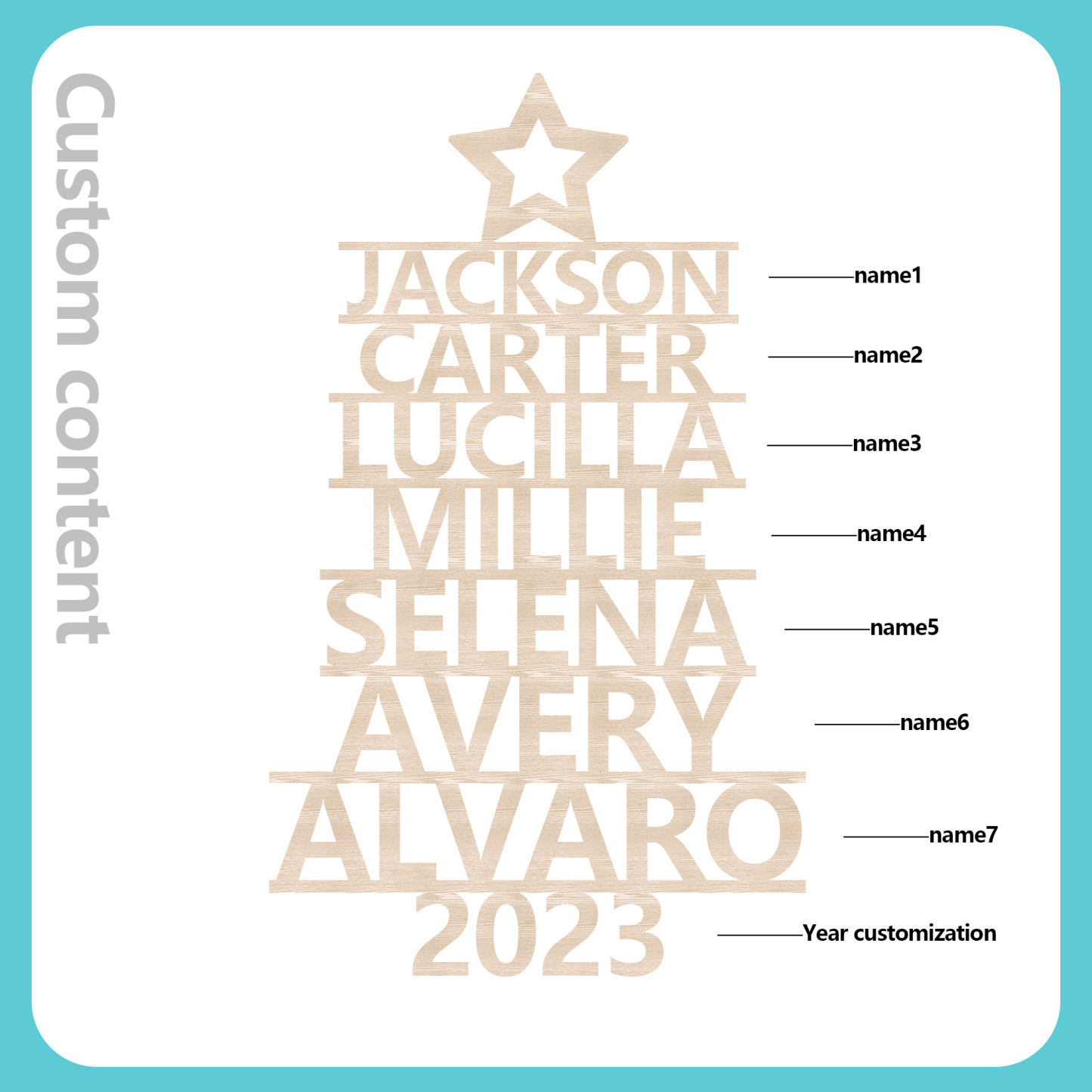 Navidad-Ornamento navideño de madera árbol de nombres con 7 nombres y año personalizados