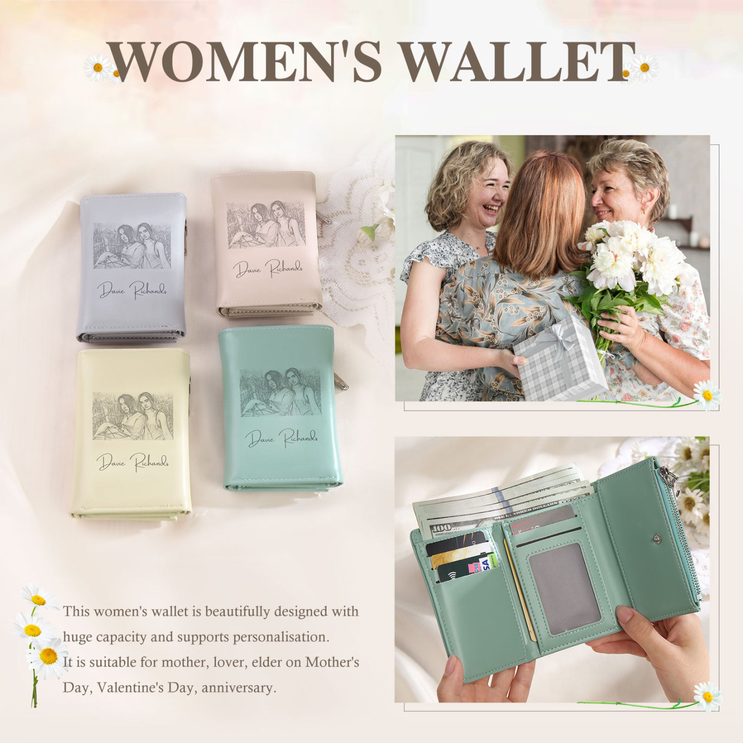 Cartera, billetera con 1 texto y 1 foto personalizados monedero clásico para mujer