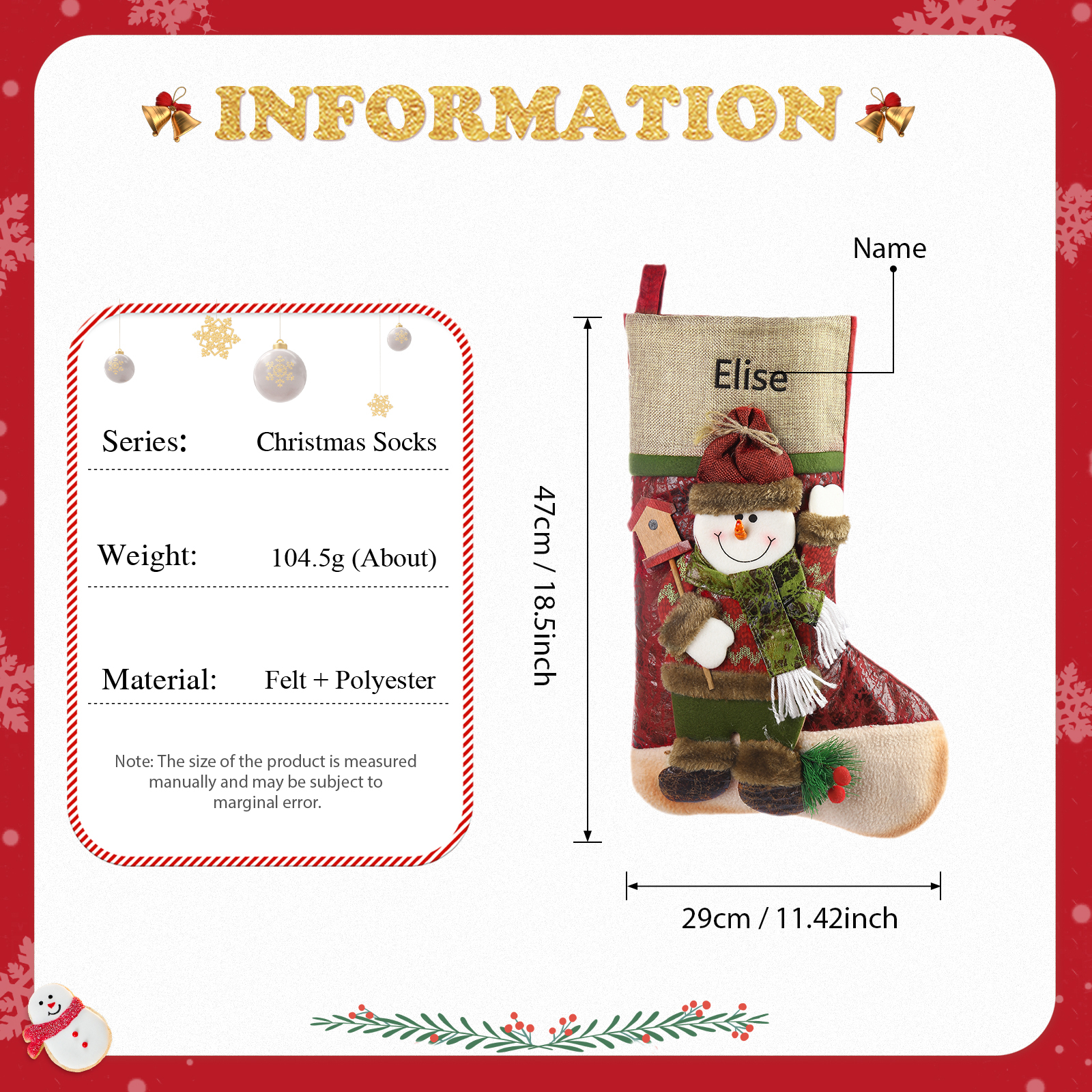 Adornos de medias navideñas con muñeco Bolsa de regalo 1 Nombre personalizado-Jessemade ES