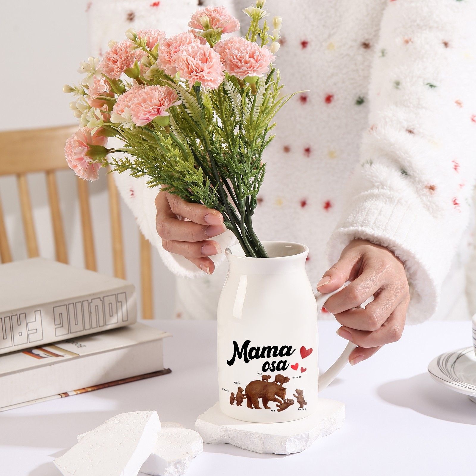 Florero de cerámica mamaosa y sus bebés 2-8 nombres personalizados con texto decoración del hogar-Jessemade ES