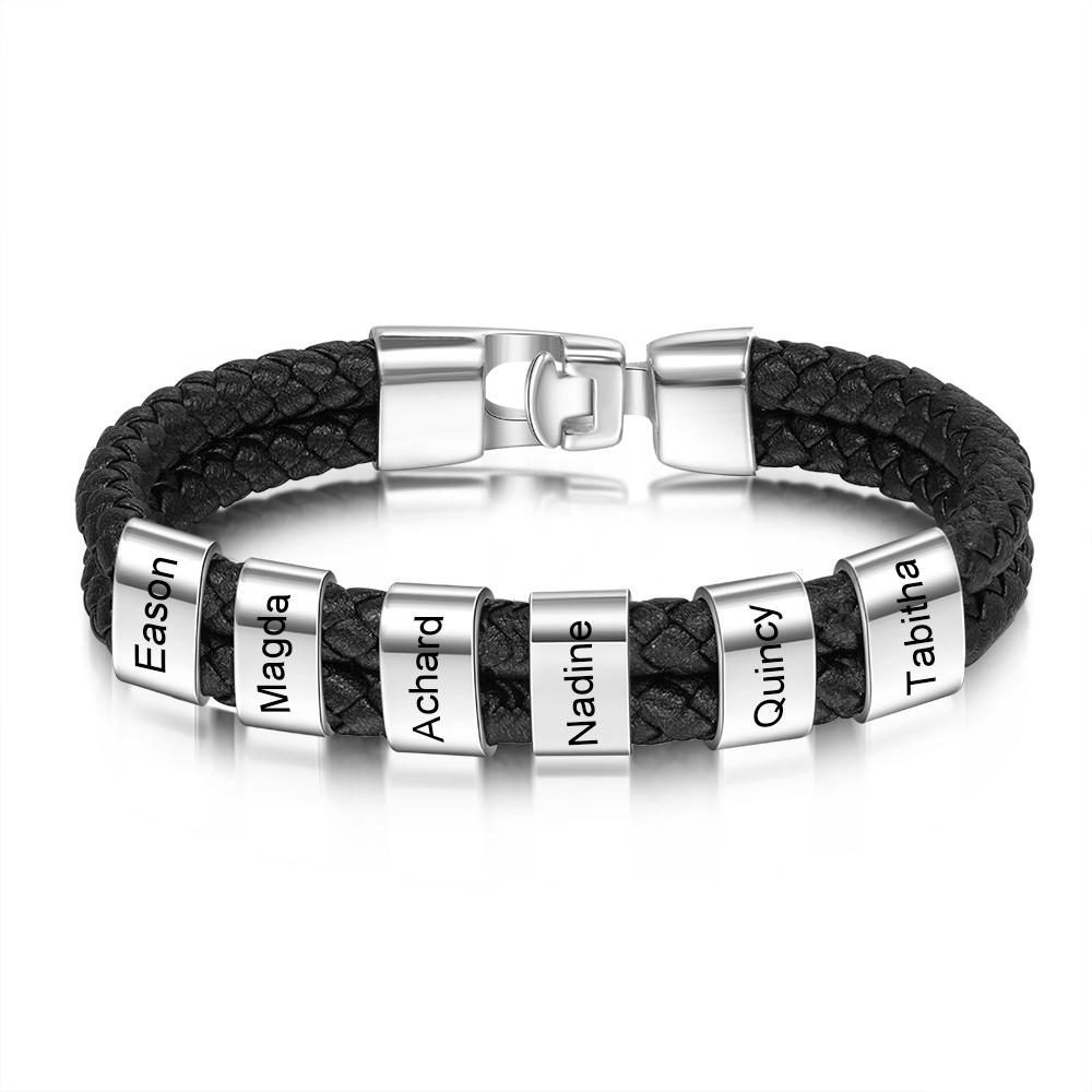 Pulsera 1-8 Nombres Personalizados de Cuero Trenzado con Aros-Jessemade ES