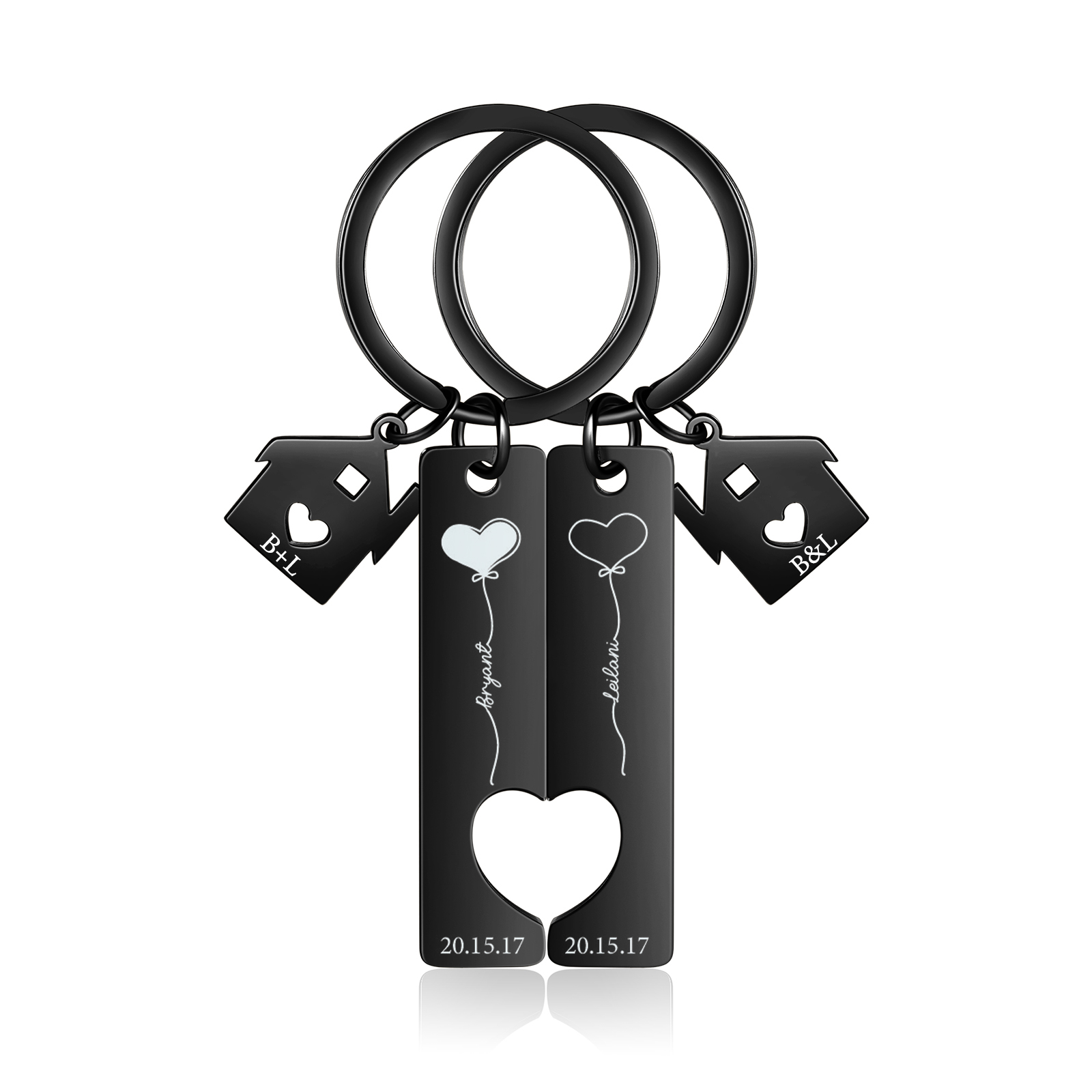 Llavero para pareja corazones 2 nombres, 2 letras personalizados con fecha dije de casa-Jessemade ES