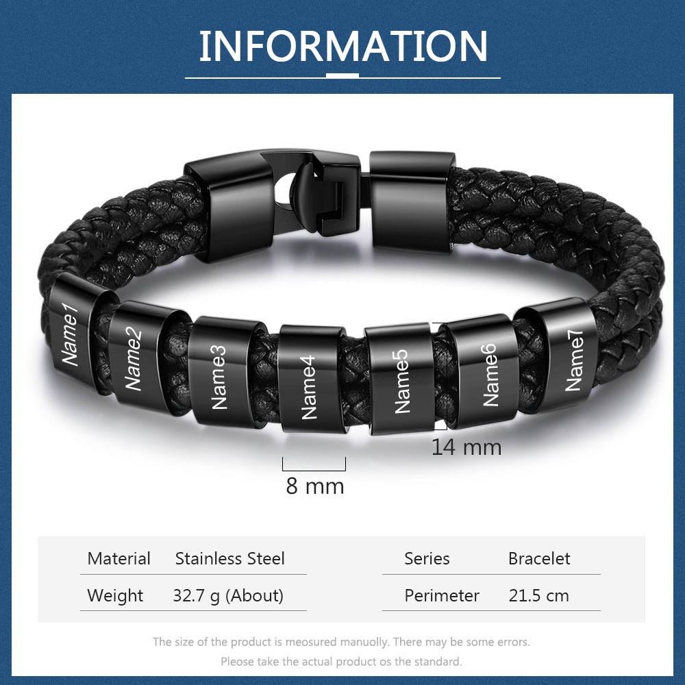 A mi papá-Pulsera de cuero trenzado Pulsera de hombre con 7 aros personalizados con 7 nombres-Jessemade ES