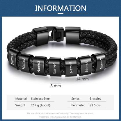 A mi papá-Pulsera de cuero trenzado Pulsera de hombre con 7 aros personalizados con 7 nombres-Jessemade ES
