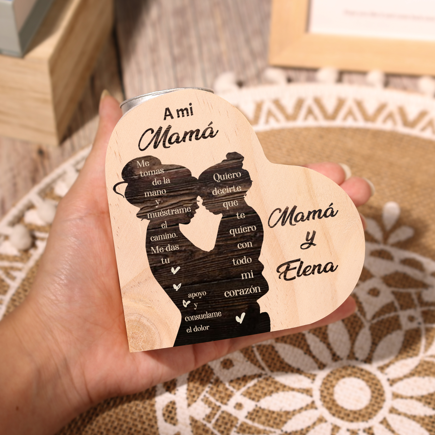 A mi mamá-Candelero con nombres personalizados en forma de corazón de madera sin candela-Jessemade ES