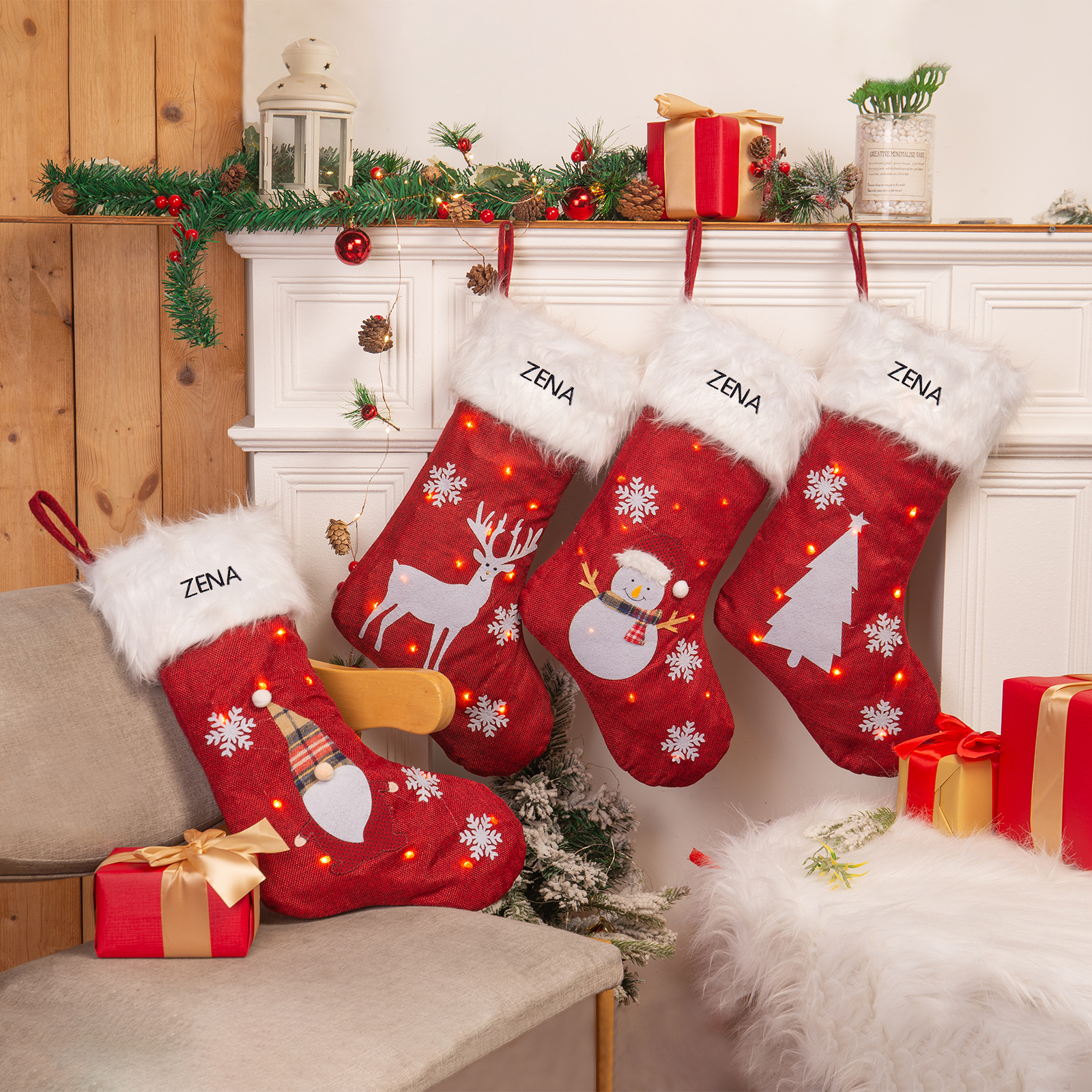 Adornos de medias navideñas con muñeco Bolsa de regalo 1 Nombre personalizado-Jessemade ES