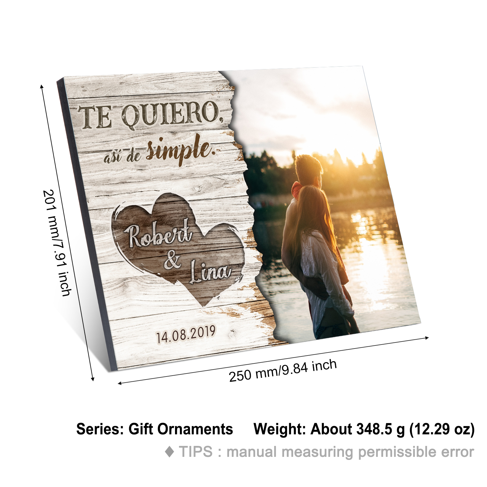 Lámina marco de madera para pareja 2 nombres personalizados con fecha y foto-Jessemade ES