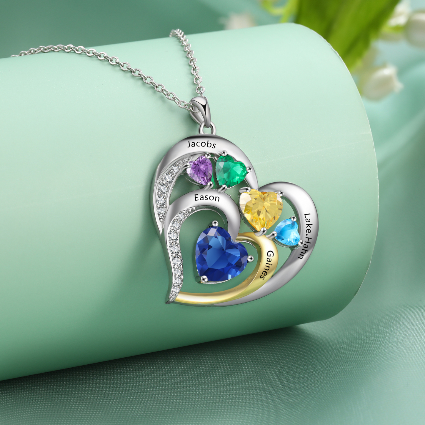 Collar corazón con 3 nombres, 1 texto y 5 piedras de nacimiento personalizados-Jessemade ES
