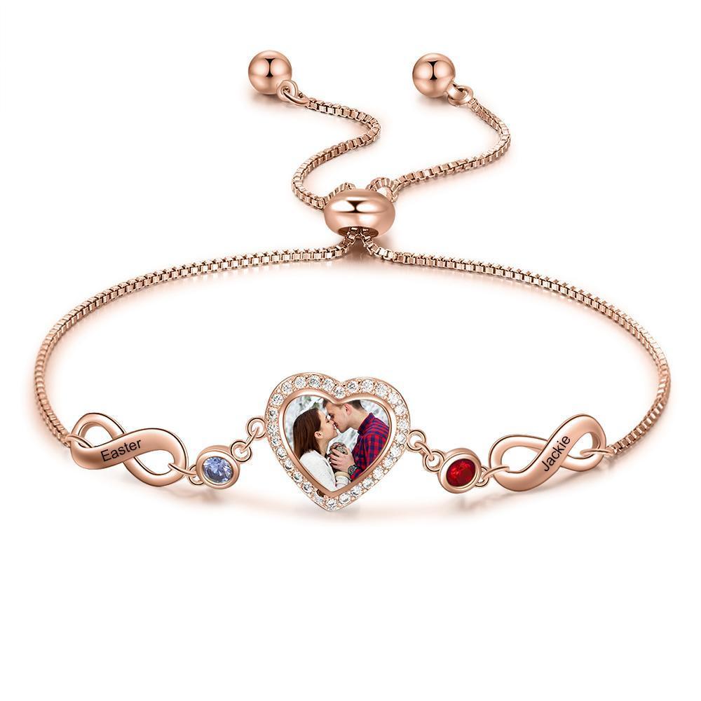 Pulsera para mujer con Corazón de 1 Foto Personalizada y con 2 Infinito de Nombres con 2 Piedras de Nacimiento