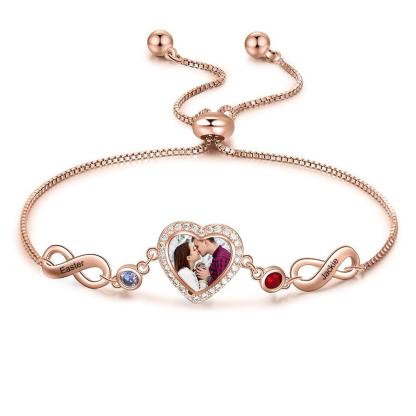Pulsera para mujer con Corazón de 1 Foto Personalizada y con 2 Infinito de Nombres con 2 Piedras de Nacimiento