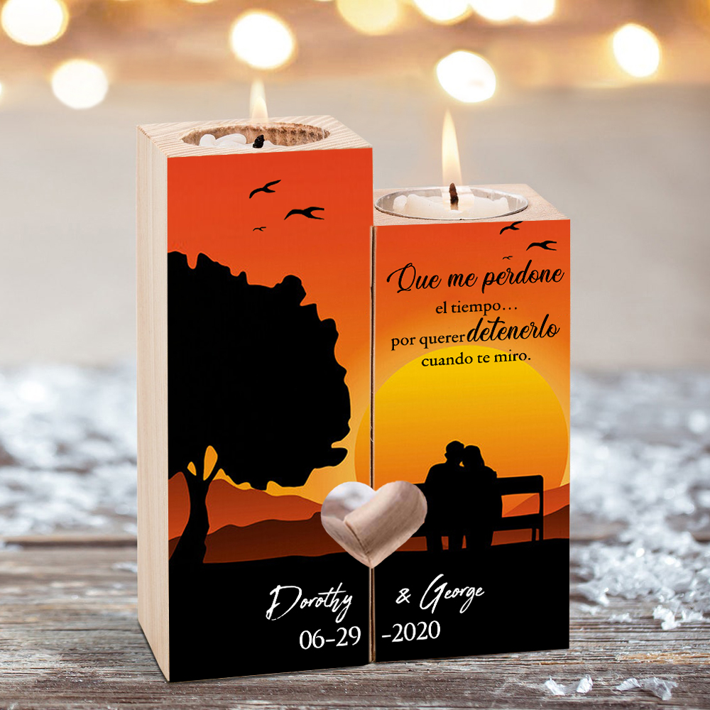 Candelero para pareja de madera de dos piezas sin candela con 2 nombres y fecha personalizados-Jessemade ES