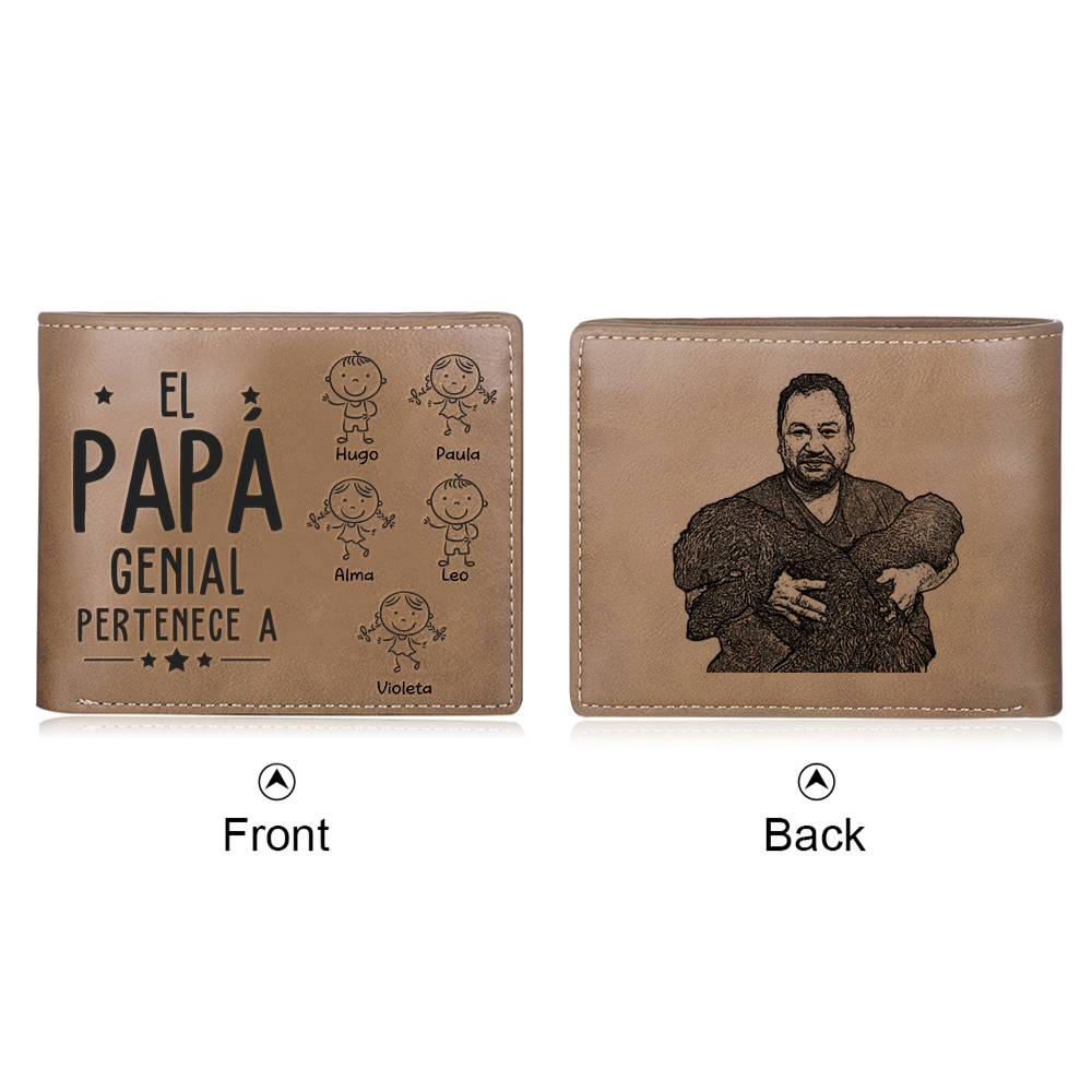 Cartera, billetera clásica 1-5 nombres personalizados con palo de niñ@ y una foto para papá-Jessemade ES