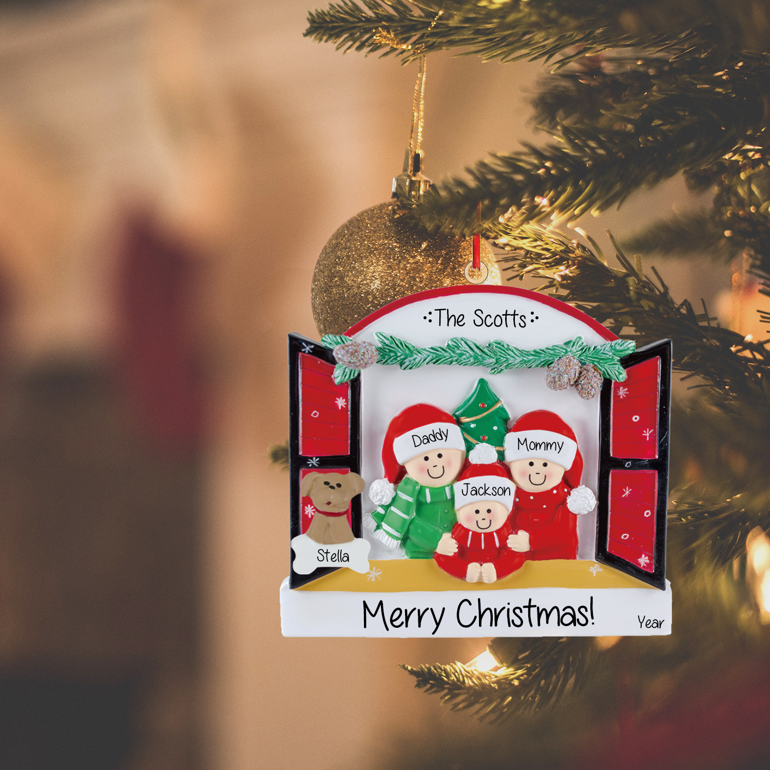 Navidad-Ornamentos Navideños de Madera Familia de 2-4 con Perro 3-5 Nombres Personalizados con 2 Textos y Año-Jessemade ES