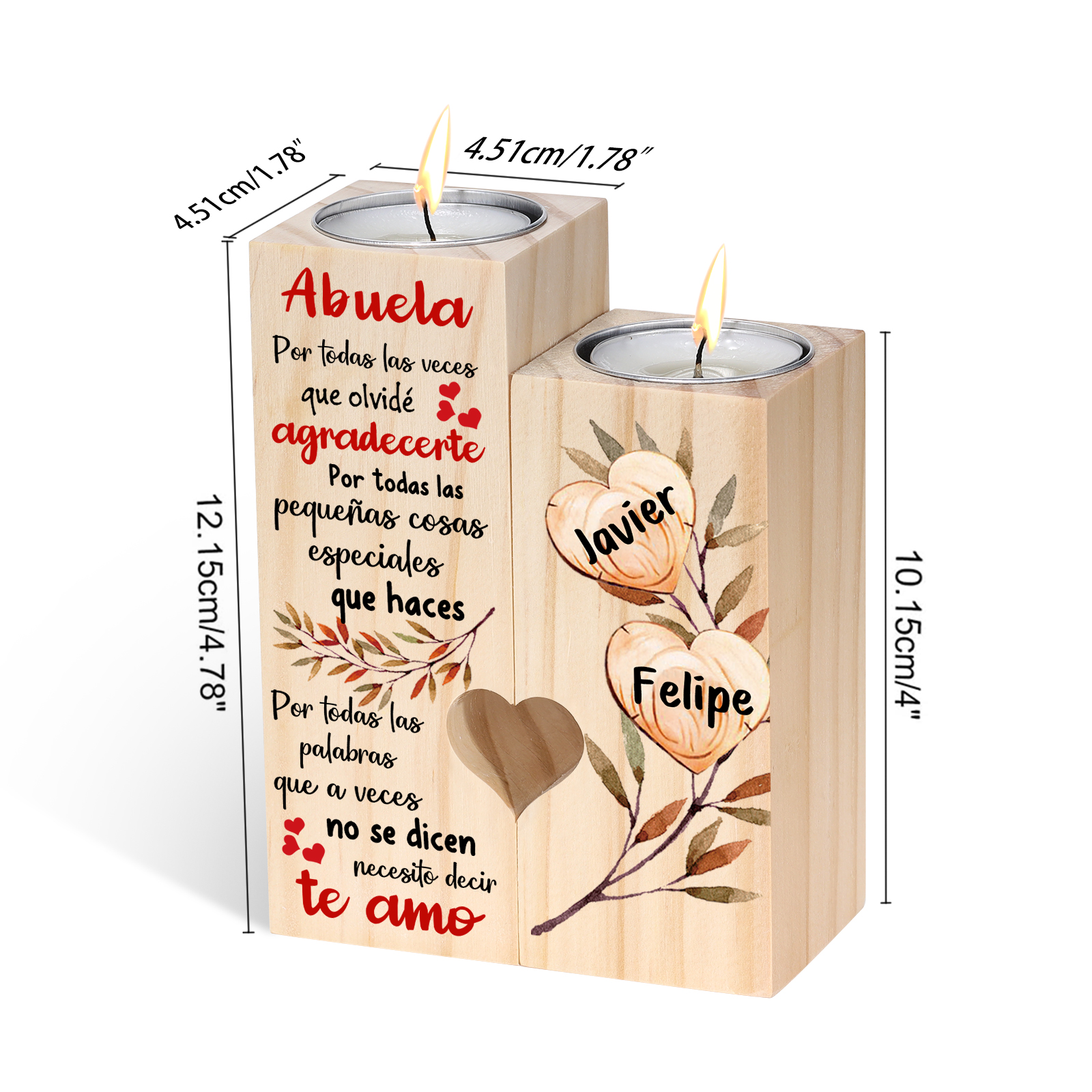 A mi abuela - Candelero de madera sin vela Corazones 2 nombres personalizados
