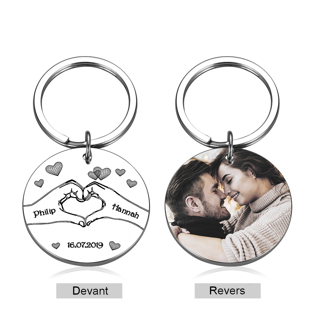 Llavero para pareja Corazón posado con manos 2 nombres, fecha y 1 foto personalizados-Jessemade ES