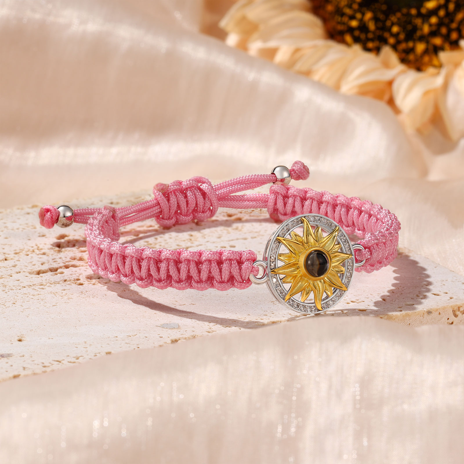 Pulsera con proyección de foto con dije de girasol cuerda rosa-Jessemade ES