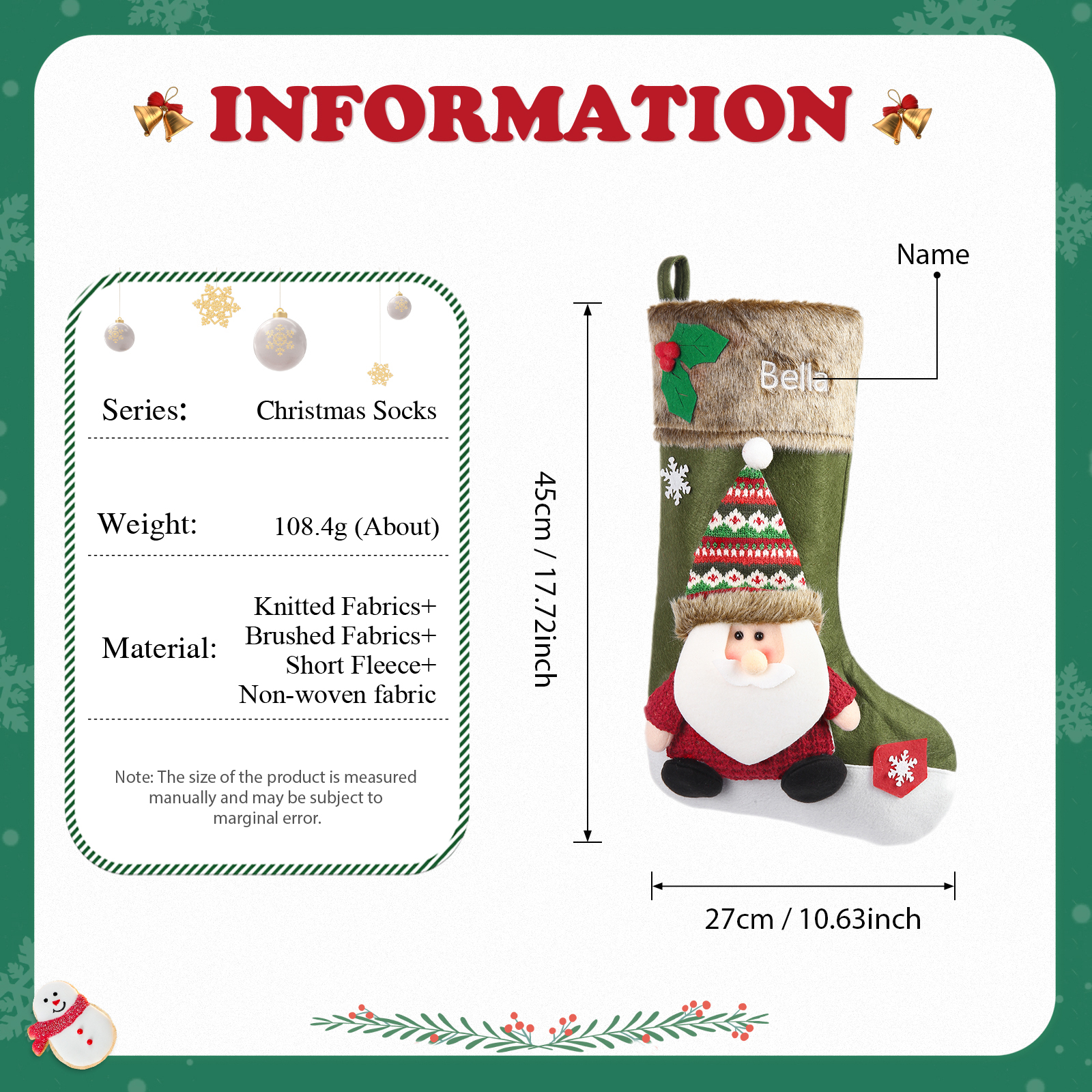 Adornos de medias navideñas con muñeco Bolsa de regalo 1 Nombre personalizado-Jessemade ES