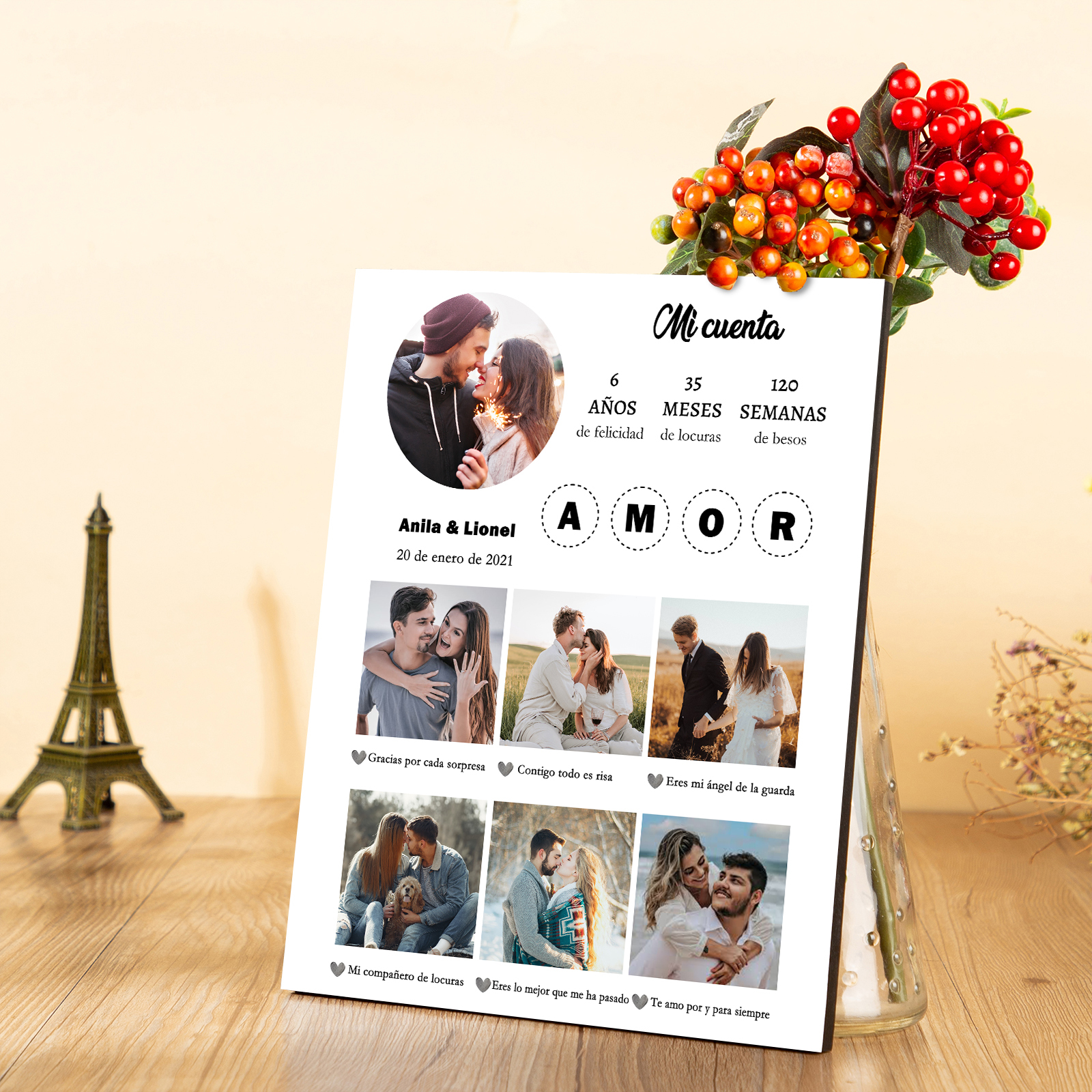 Lámina marco de madera para pareja personalizado con 2 textos, 3 números y 7 fotos-Jessemade ES