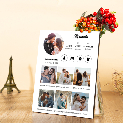 Lámina marco de madera para pareja personalizado con 2 textos, 3 números y 7 fotos-Jessemade ES