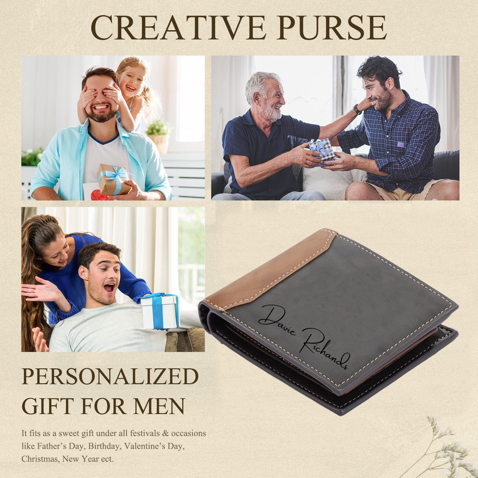 Kit de regalo-Llavero, cartera y bolígrafo con 2 textos personalizados con 2 fotos para hombre-Jessemade ES