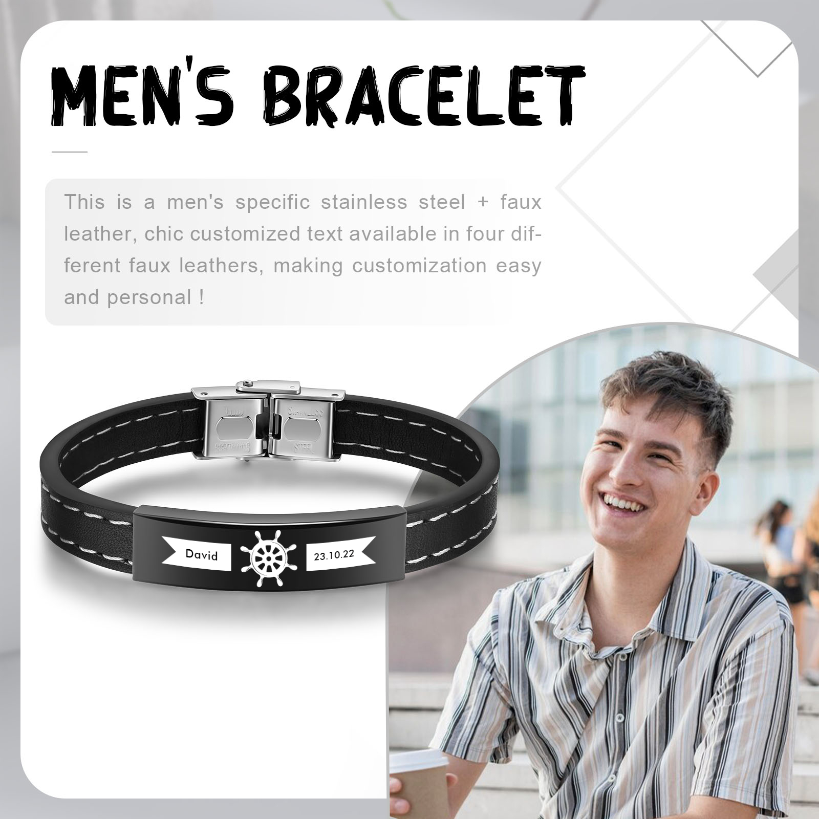 Pulsera de Cuero con Placa de Nombre y Fecha Personalizados -Jessemade ES