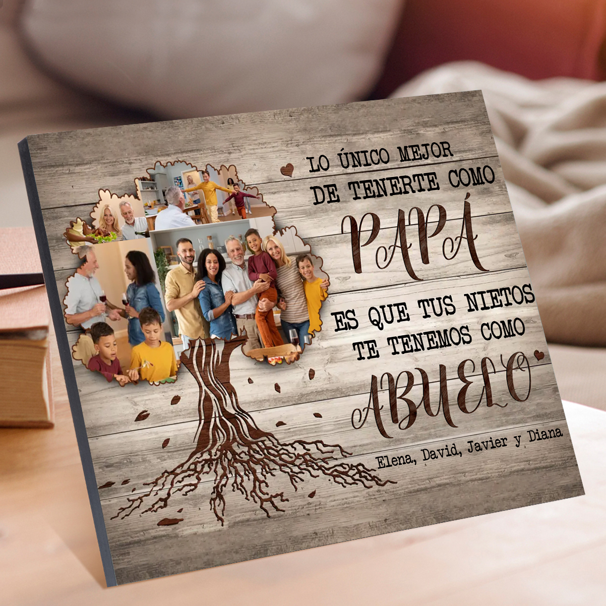 Feliz Día del Padre a mi abuelo-Lámina marco de madera 4 fotos y 1 texto personalizados con frase de amor-Jessemade ES