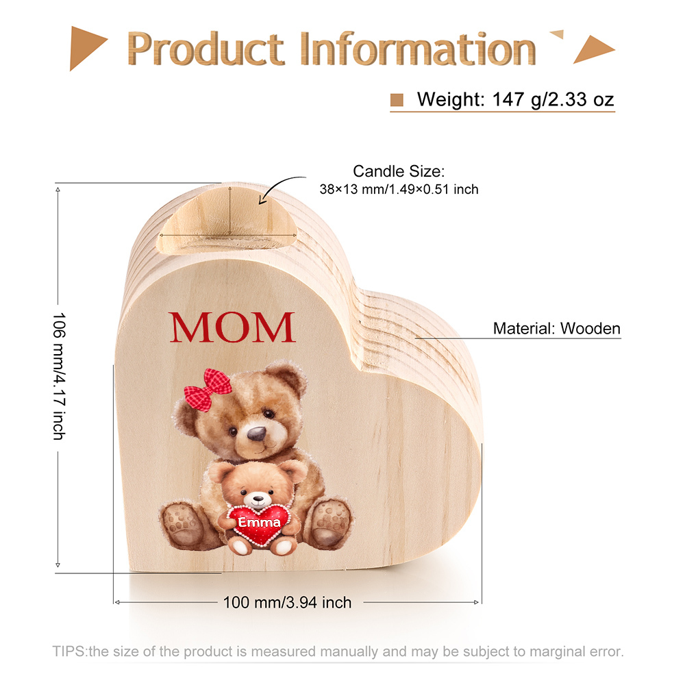 A mi mamá/abuela-Candelero osos 1-6 nombres y 1 texto personalizados en forma de corazón de madera sin candela-Jessemade ES