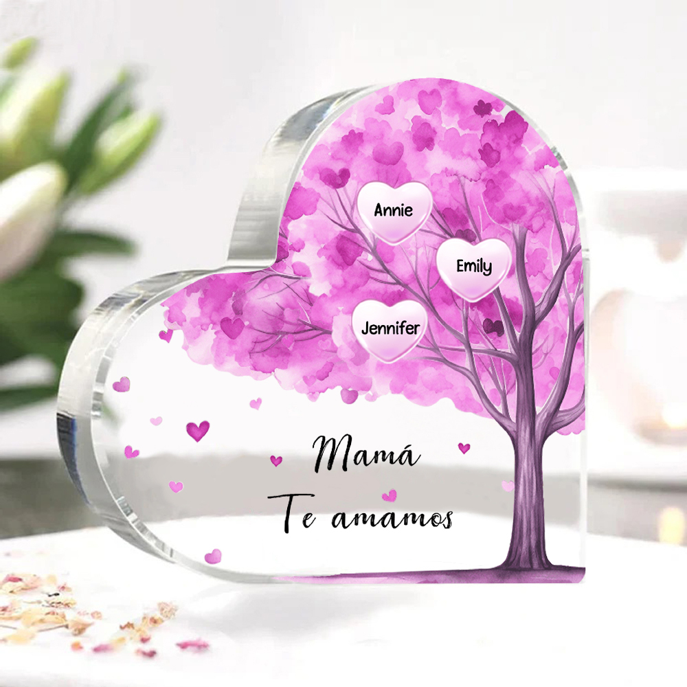 A mi mamá/abuela-Placa de acrílico "Árbol" en forma de corazón 3 nombres y 1 texto personalizados-Jessemade ES