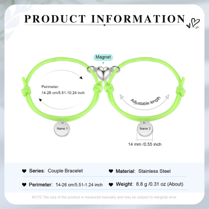 Pulseras de cuerda luminosa personalizadas para pareja con dije de corazón magnético grabado de dos nombres-Jessemade ES