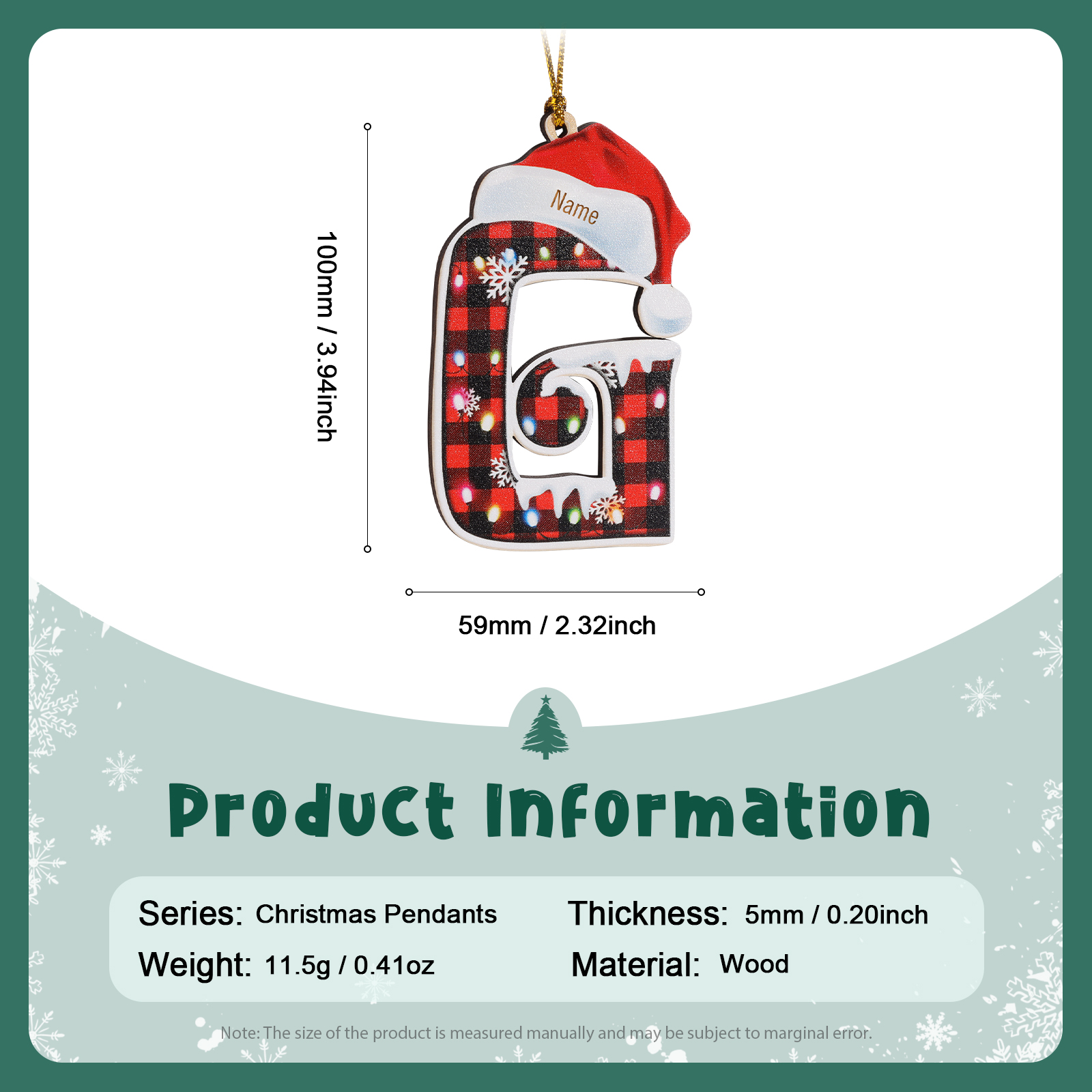 Navidad-Ornamentos Navideños de Madera Letra 1 Nombre Personalizado