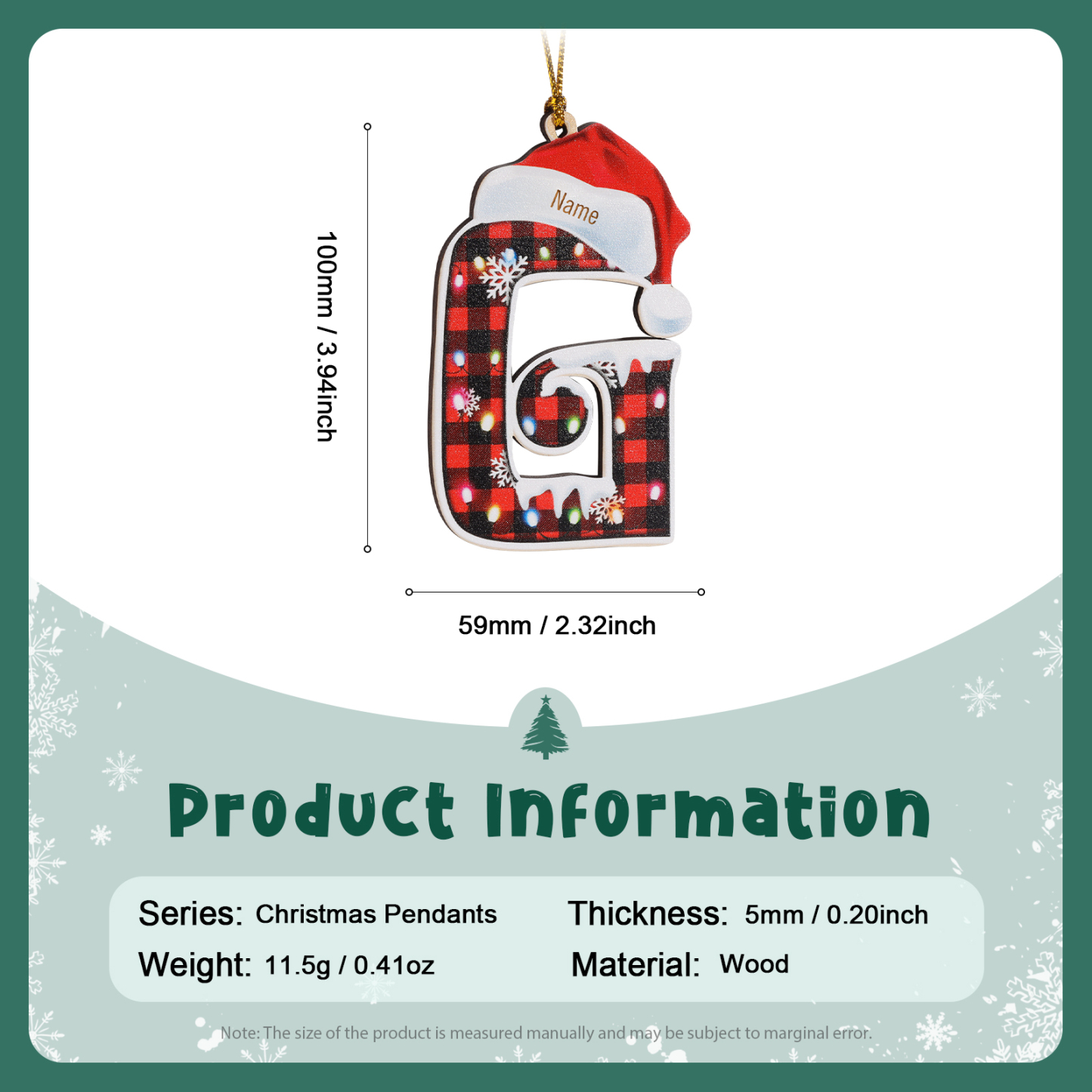 Navidad-Ornamentos Navideños de Madera Letra 1 Nombre Personalizado