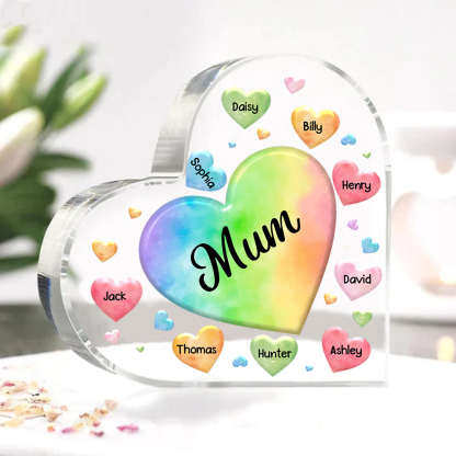A mi mamá/abuela-Placa de acrílico "Corazones" en forma de corazón 9 nombres y 1 texto personalizados-Jessemade ES