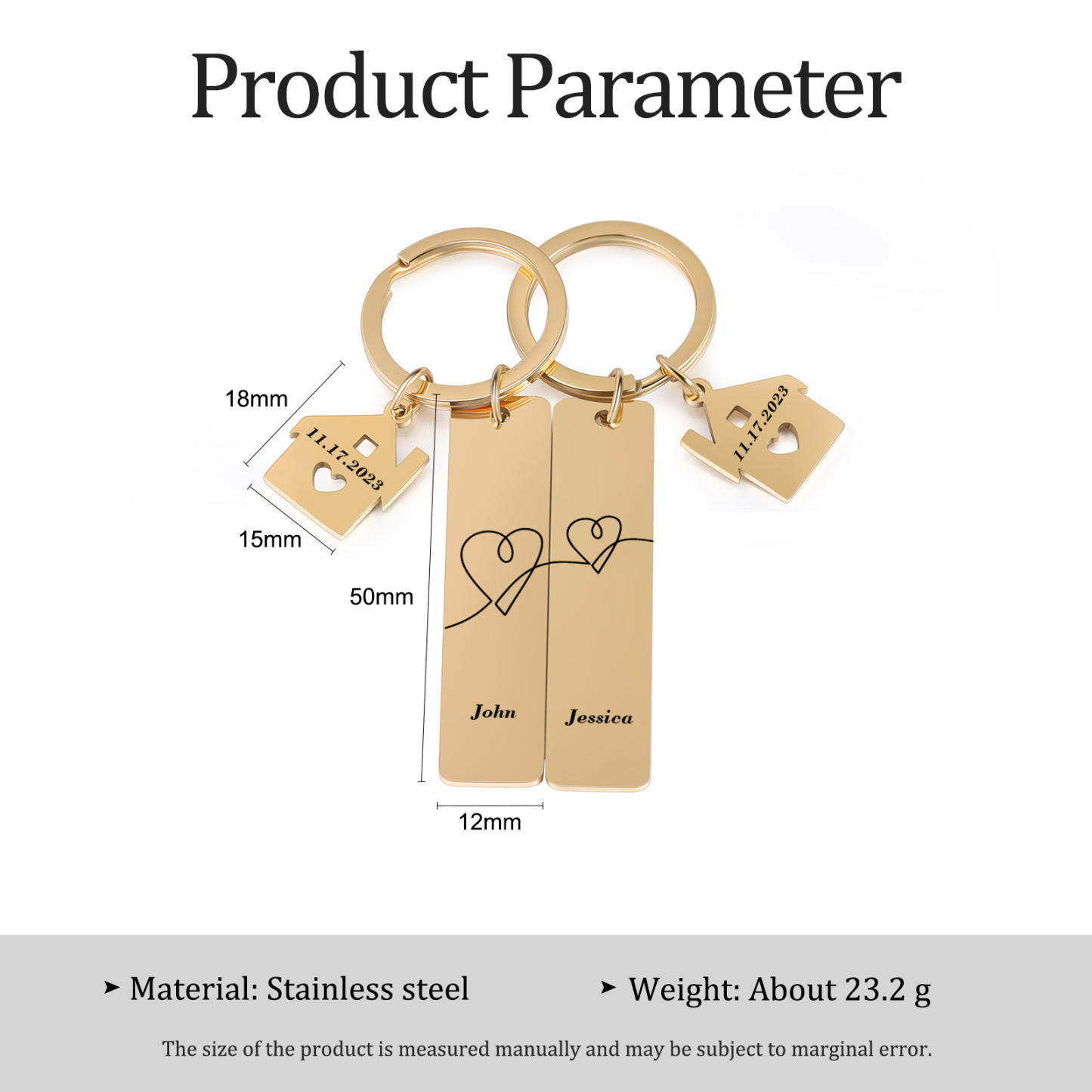 Llavero para pareja corazones conectados 2 nombres personalizados con fecha dije de casa-Jessemade ES