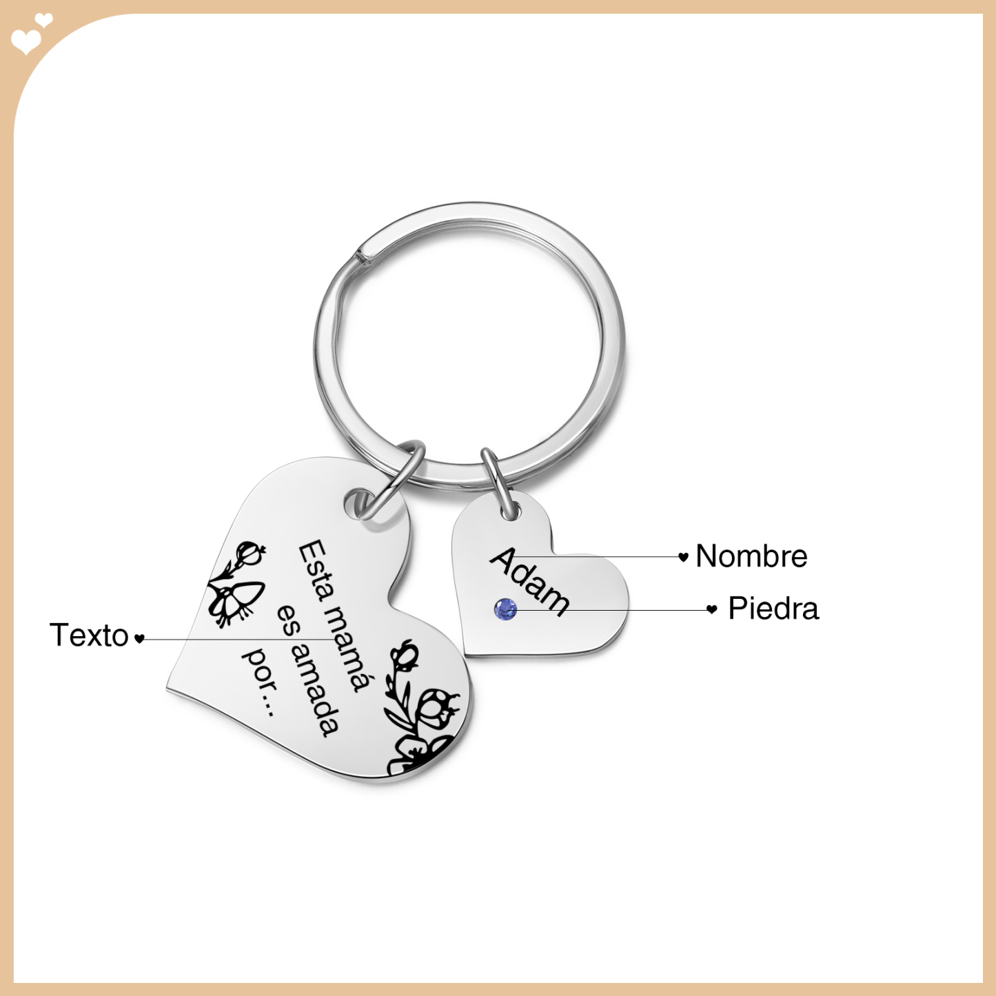 A mi mamá/abuela - Llavero con 1 nombre y piedra de nacimiento personalizados en corazón con texto-Jessemade ES