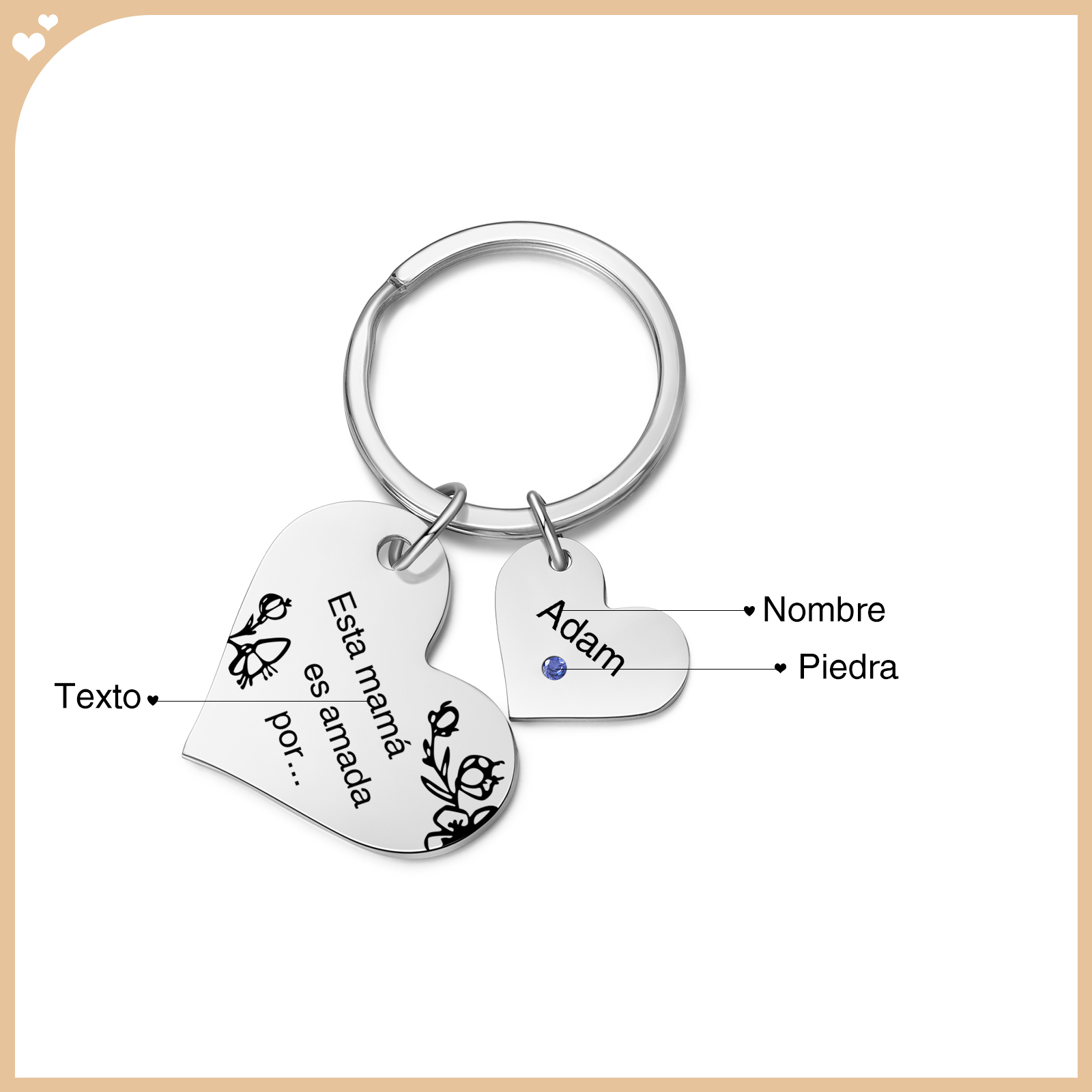 A mi mamá/abuela - Llavero con 1 nombre y piedra de nacimiento personalizados en corazón con texto-Jessemade ES