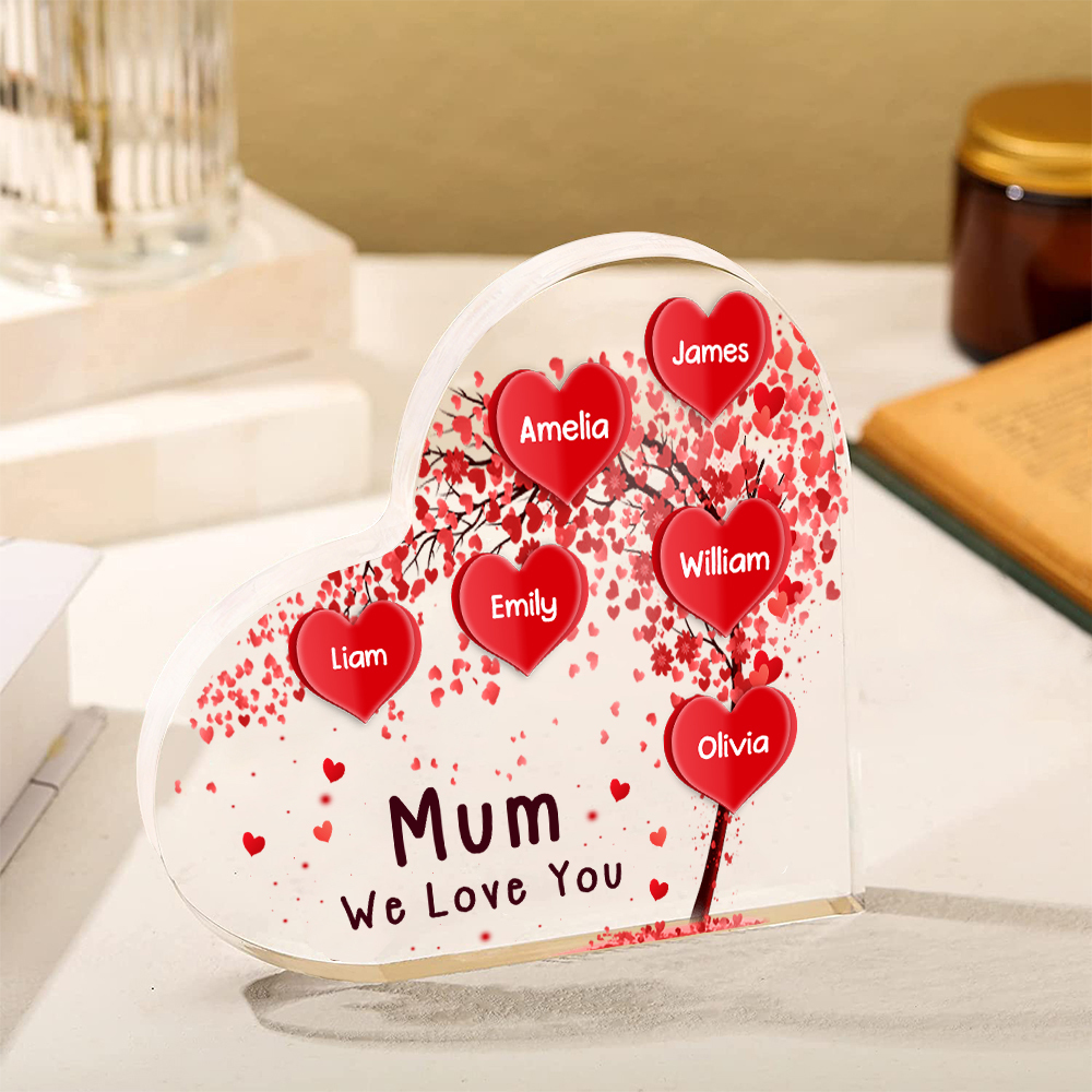 A mi mamá/abuela-Placa de acrílico "Corazones" en forma de corazón 6 nombres y 1 texto personalizados-Jessemade ES