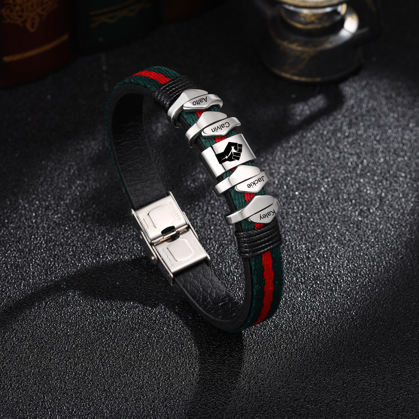 Pulsera 4 Nombres Personalizados de Cuero y Cuerda con Aros-Jessemade ES