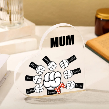 A mi mamá/abuela-Placa de acrílico "Puños" en forma de corazón 8 nombres y 1 texto personalizados-Jessemade ES