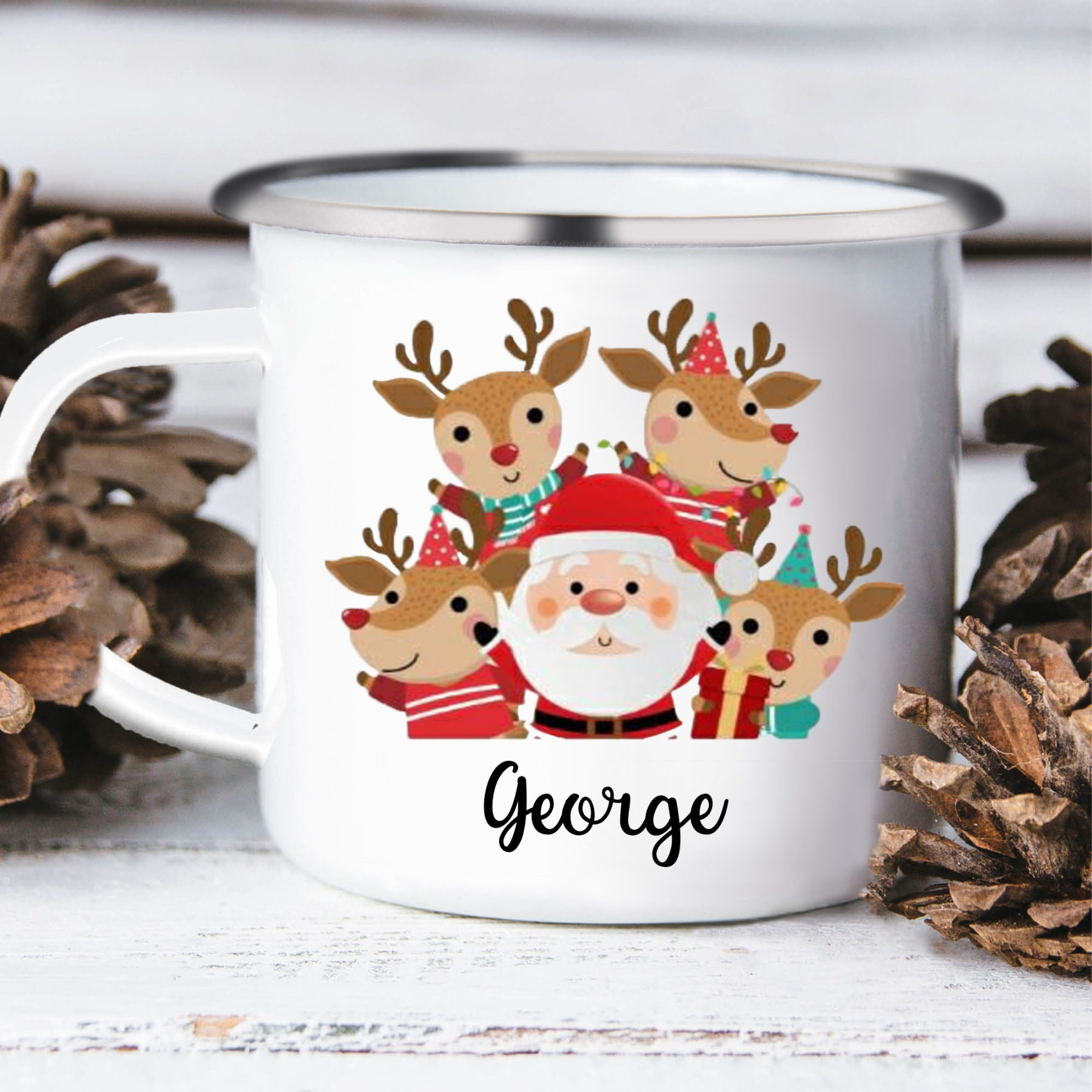 Navidad-Taza Papá Noel y renos para niños con 1 nombre personalizado-Jessemade ES
