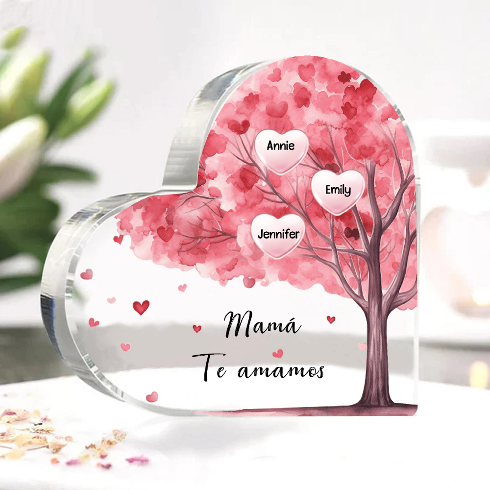 A mi mamá/abuela-Placa de acrílico "Árbol" en forma de corazón 3 nombres y 1 texto personalizados-Jessemade ES
