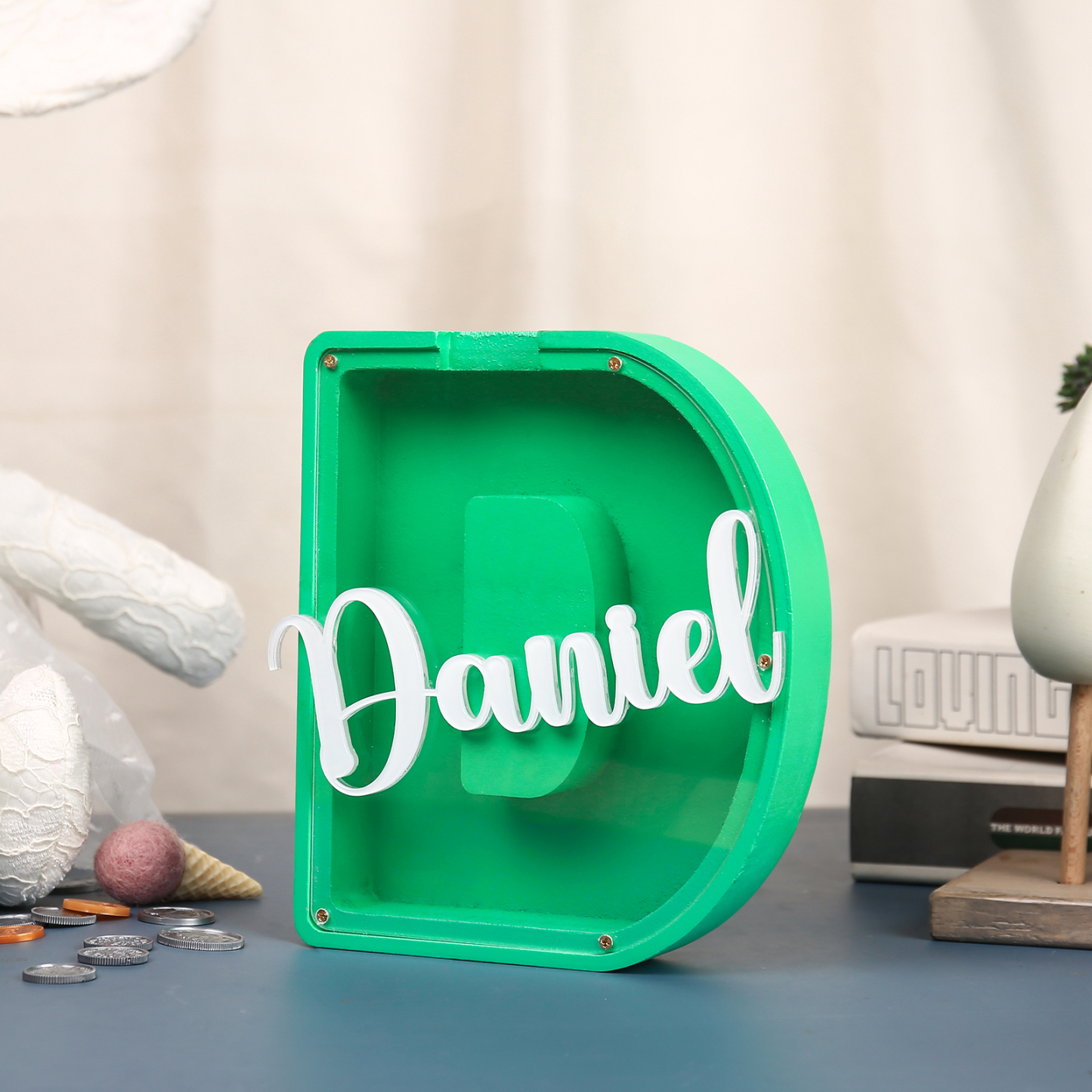 Alcancía de madera en forma de letras con 1 nombre personalizado hucha-Jessemade ES