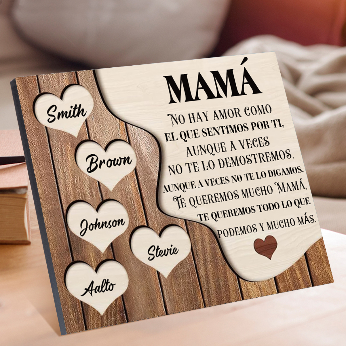 A mi mamá - Lámina 2-8 nombres personalizados marco de madera cara y corazones-Jessemade ES