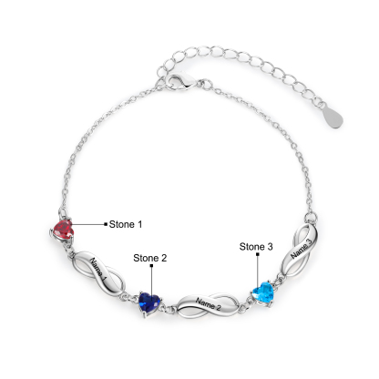 Pulsera "infinito" personalizada con 3 nombres y 3 piedras de nacimiento de corazón-Jessemade ES