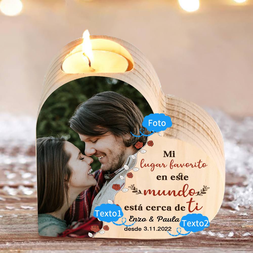 Candelero de madera para pareja con texto amoroso sin vela personalizado con nombres, fecha y foto-Jessemade ES